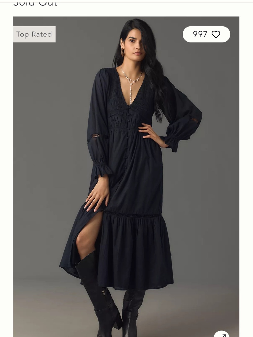 Anthropologie Black Midi Dress with V-Neck and Long Bishop Sleeves